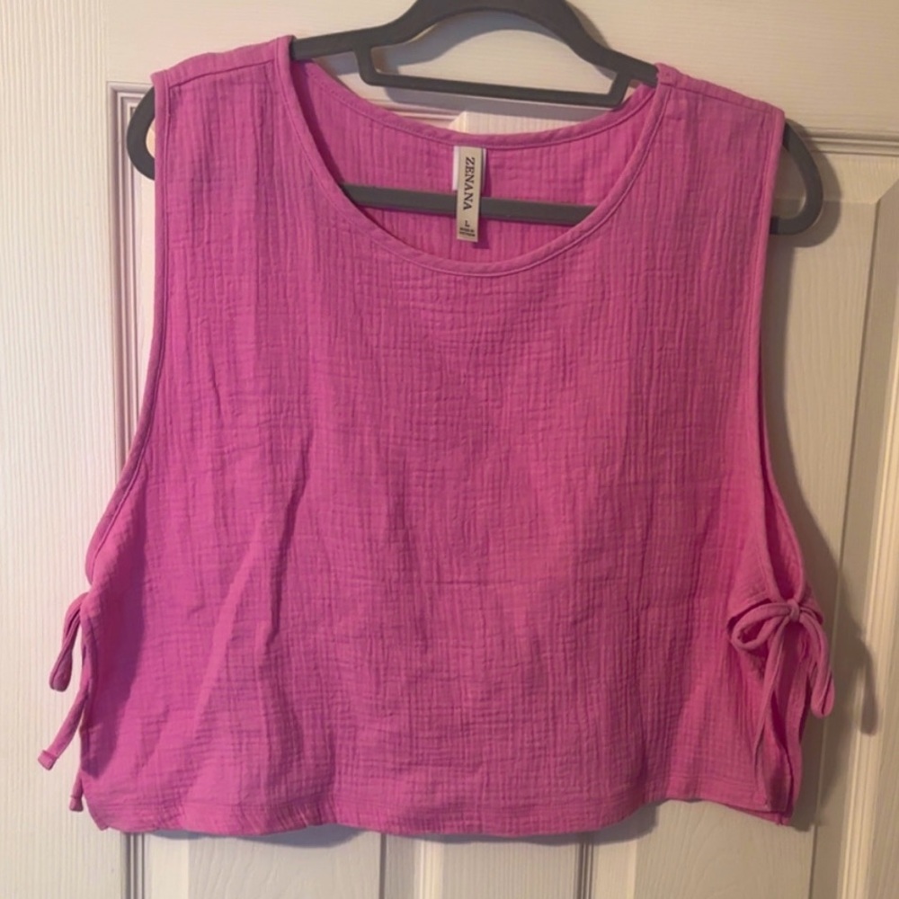 Zenana Outfitters Pink Crop Tank Top Tie Front